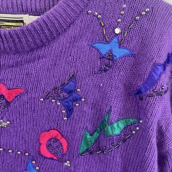 American Vintage 80's Glitz Purple Beaded Sweater Size M Silk Angora Blend - Picture 4 of 6